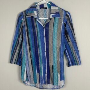 David Cline Newport Snap Button Collared Shirt Womens Size Small Blue Stripes